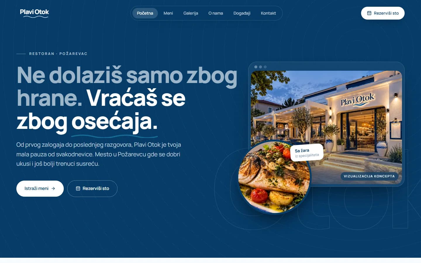 Početna strana demo sajta restorana Plavi Otok sa naslovom „Ne dolaziš samo zbog hrane. Vraćaš se zbog osećaja.”