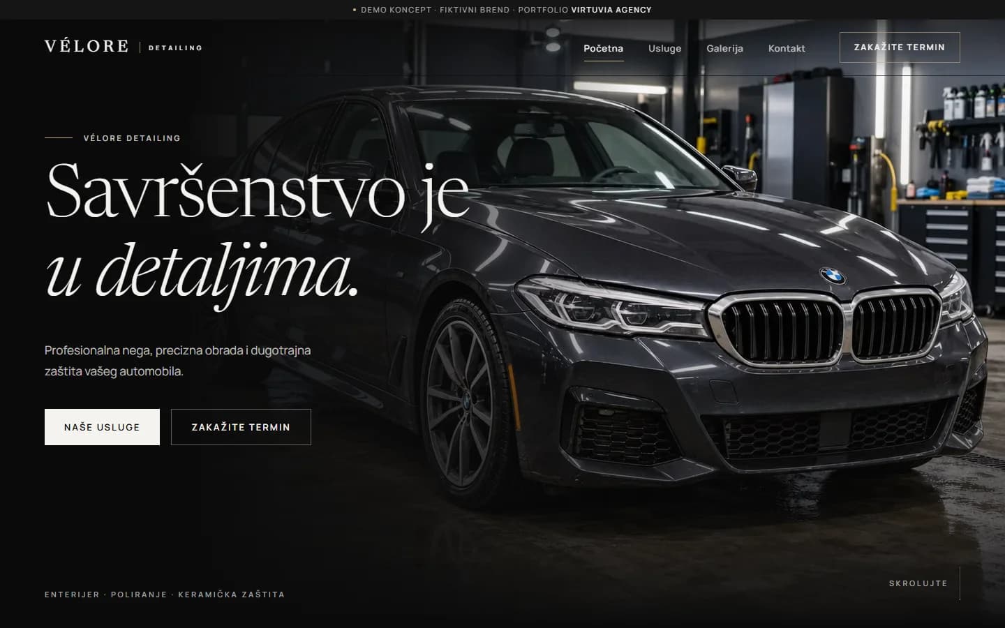 Početna strana demo sajta VÉLORE DETAILING sa tamnim automobilom u studiju i naslovom „Savršenstvo je u detaljima.”