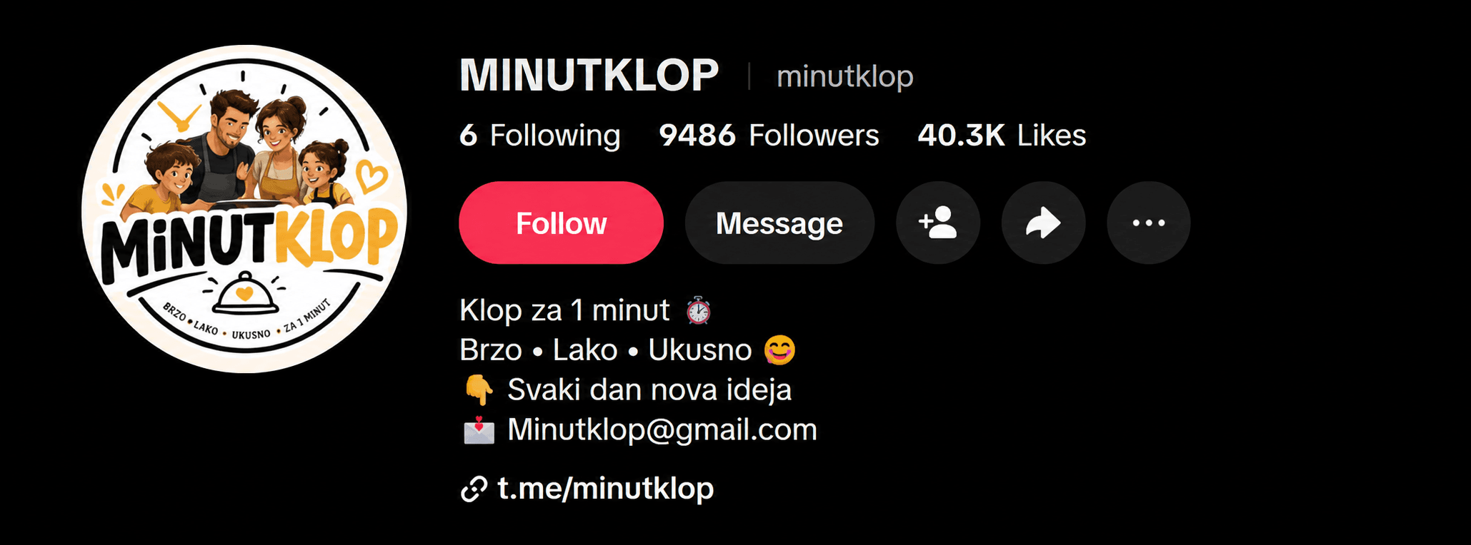 TikTok profil MINUTKLOP sa 9.486 pratilaca i 40.3K lajkova, sa opisom „Klop za 1 minut”